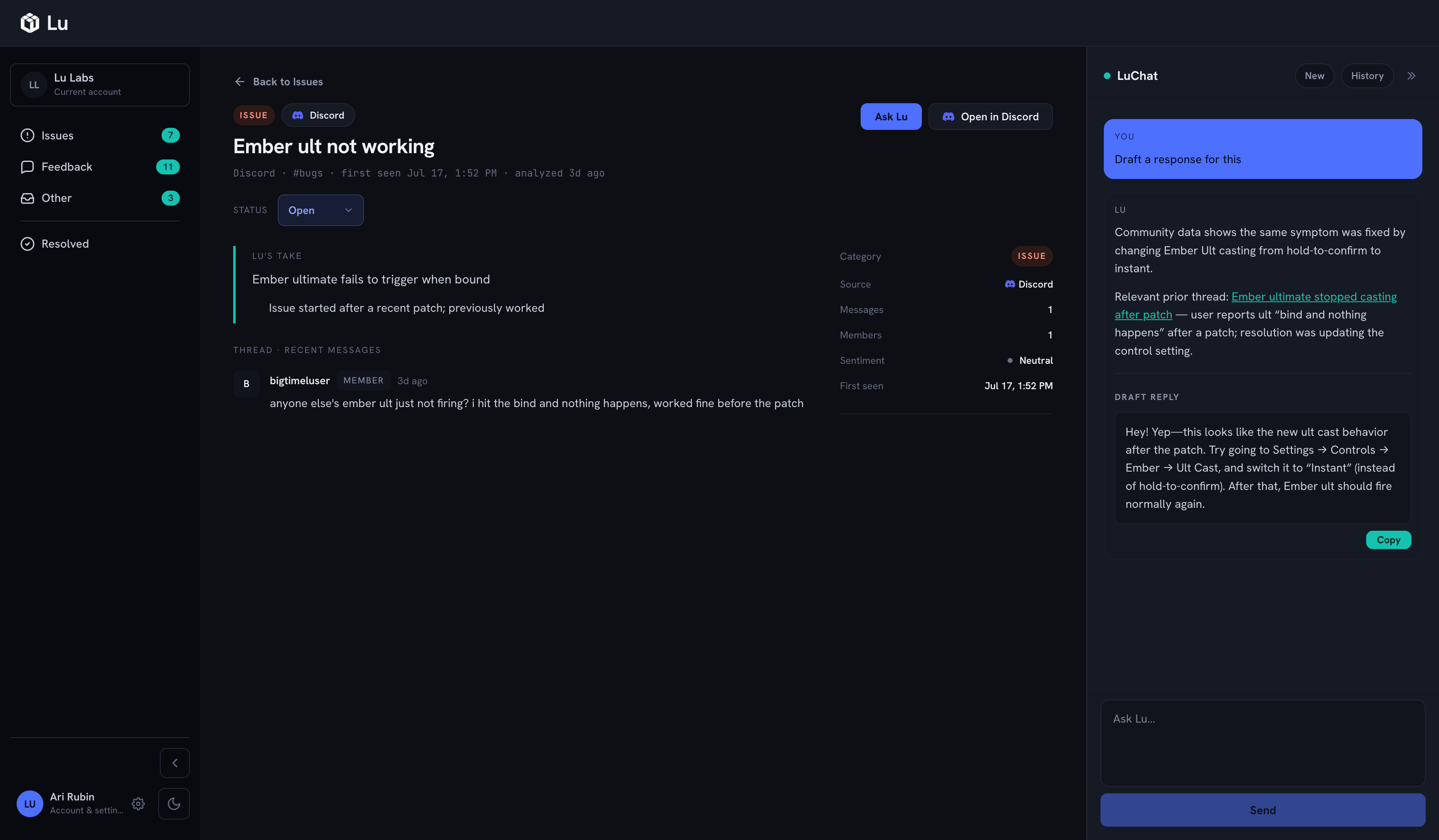 Lu conversation detail — LuChat drafting a reply to a player question