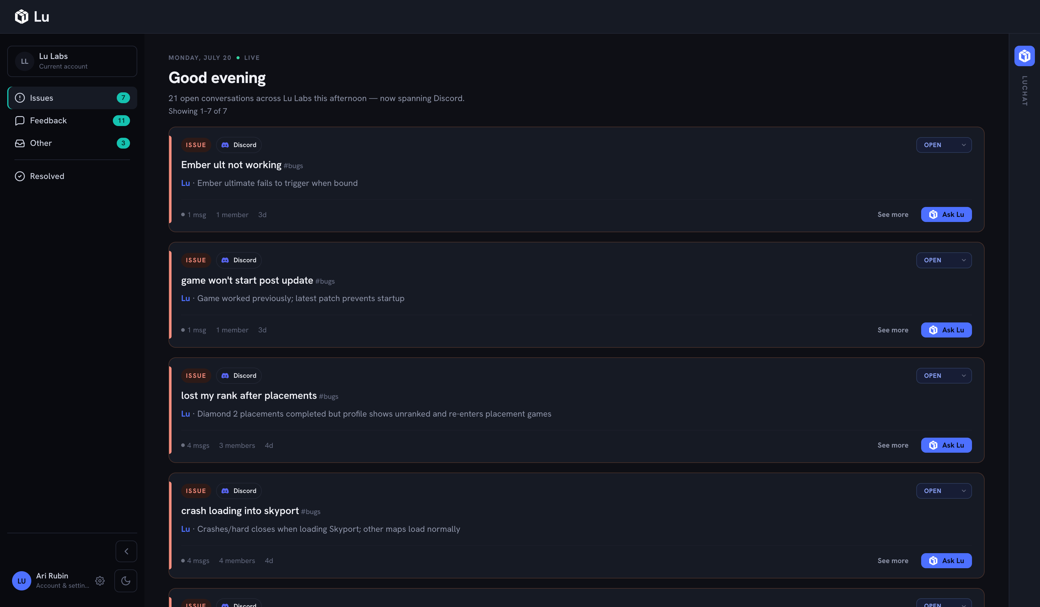 Lu dashboard — triage feed with LuChat panel